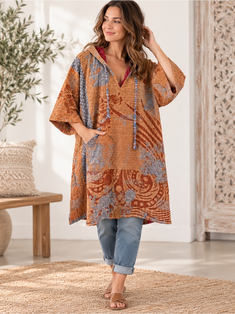 Reversible Kantha Patchwork Hooded Tunic Dress Oversized Boho Pockets